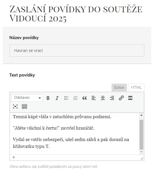 Screenshot formuláře vkládání povídky